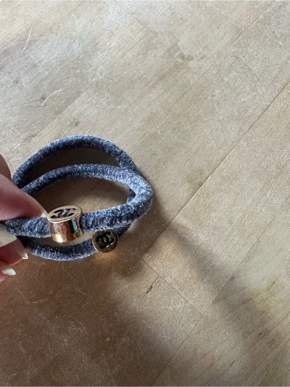 CHANEL Grey Velvet Hair Rings with Gold CC Medallions